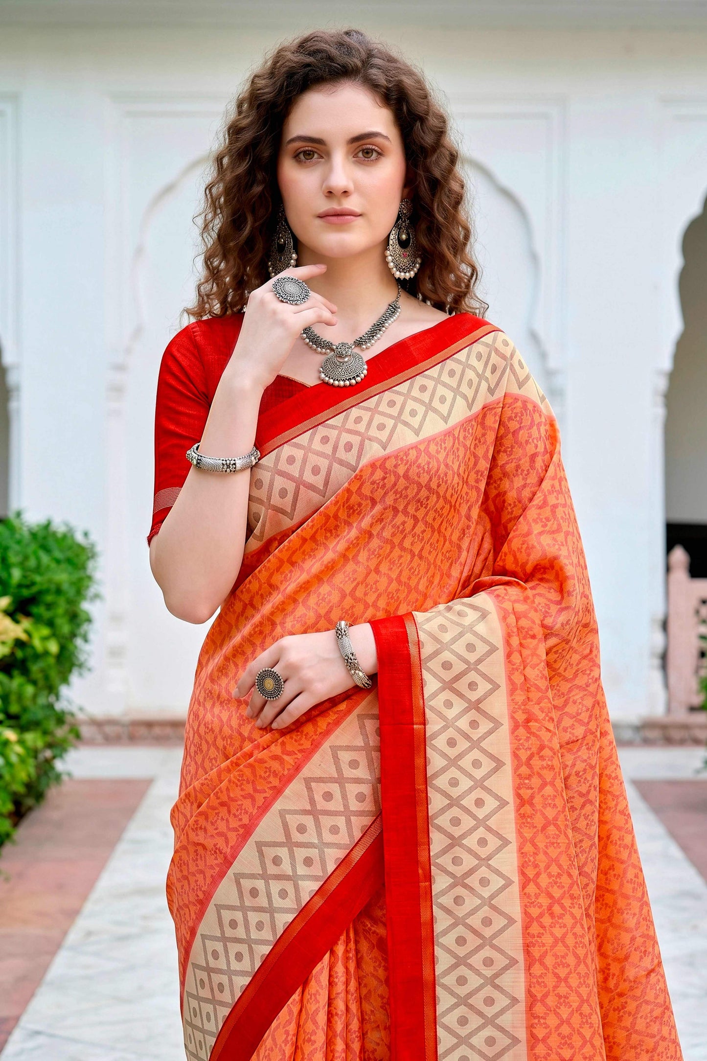 Sangam Prints Bright Orange Cotton Blend Woven Work Traditional Saree