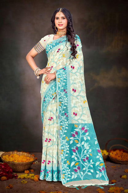 Sangam Prints Sea Green Cotton Blend Woven Work Traditional Saree