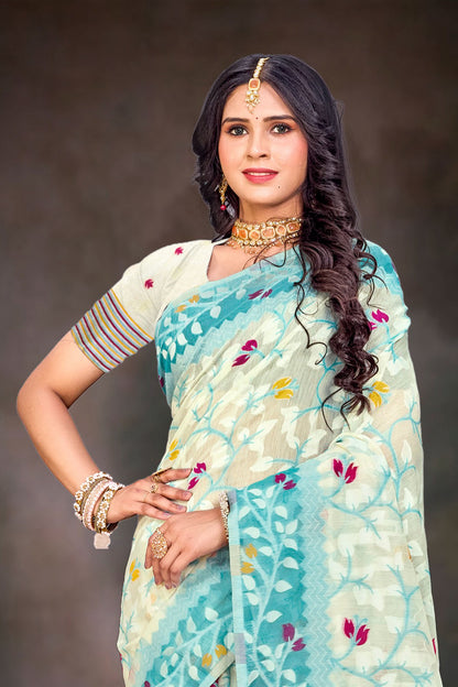 Sangam Prints Sea Green Cotton Blend Woven Work Traditional Saree