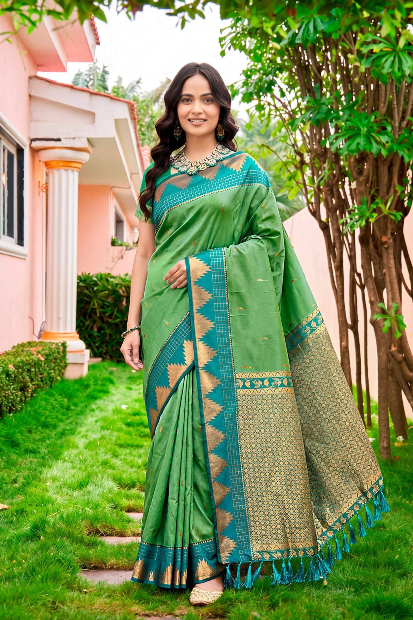 Sangam Prints Leaf Green Silk Woven Work Traditional Saree