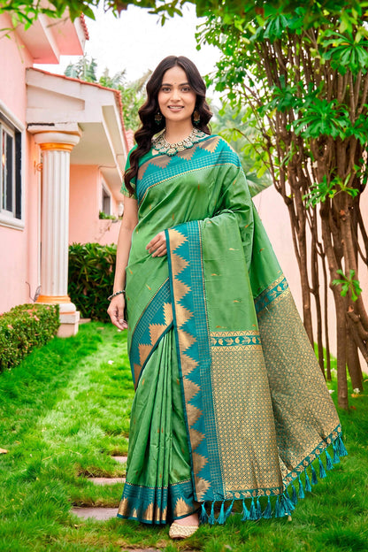Sangam Prints Leaf Green Silk Woven Work Traditional Saree