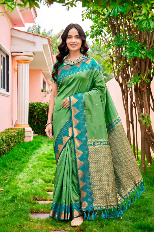 Sangam Prints Leaf Green Silk Woven Work Traditional Saree