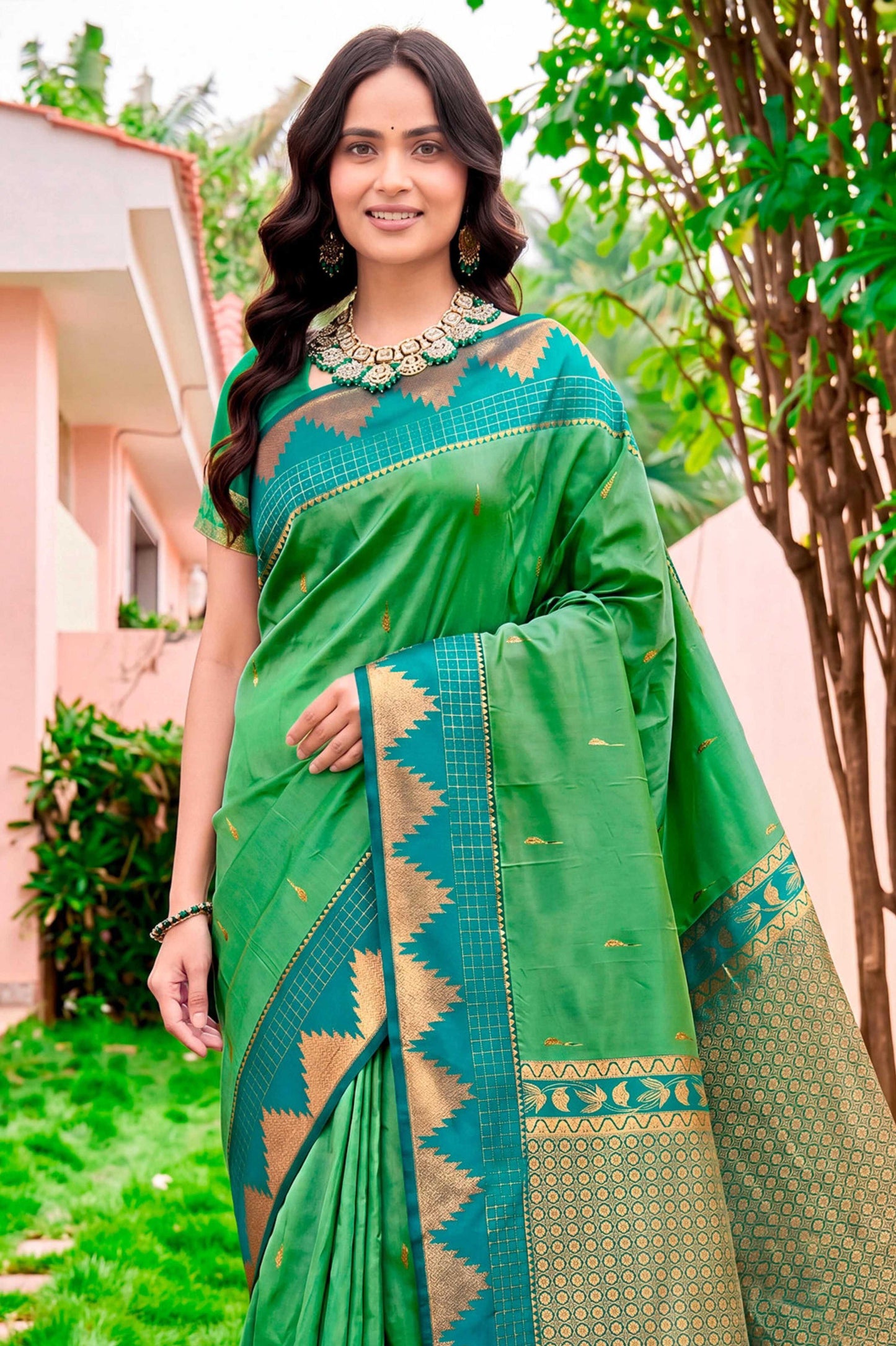 Sangam Prints Leaf Green Silk Woven Work Traditional Saree