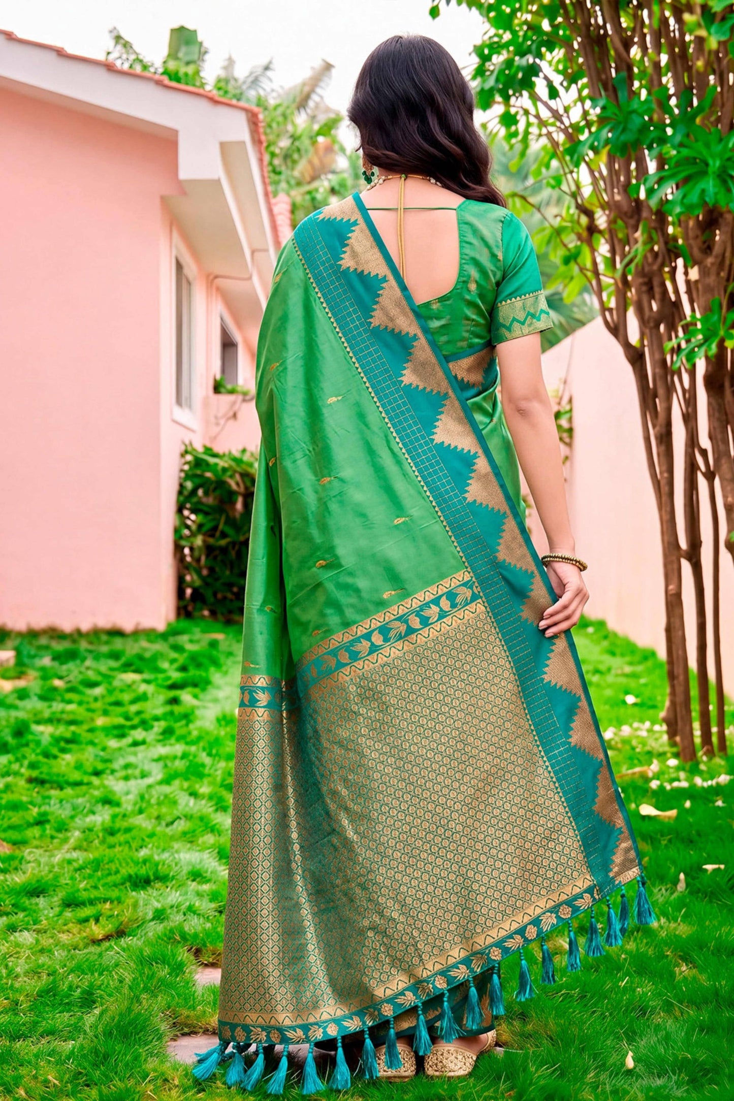 Sangam Prints Leaf Green Silk Woven Work Traditional Saree