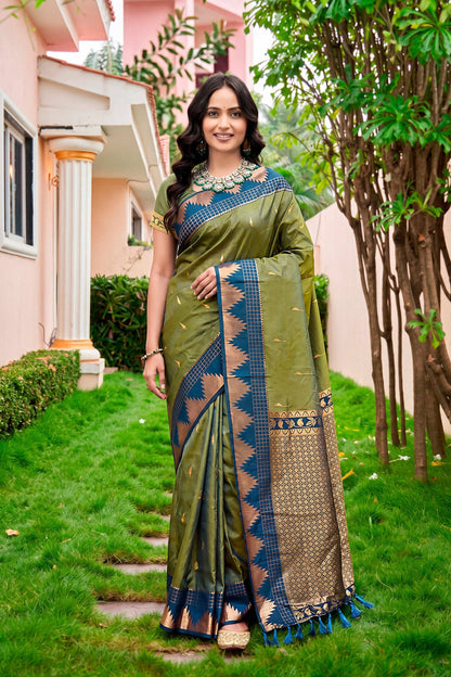 Sangam Prints Olive Green Silk Woven Work Traditional Saree