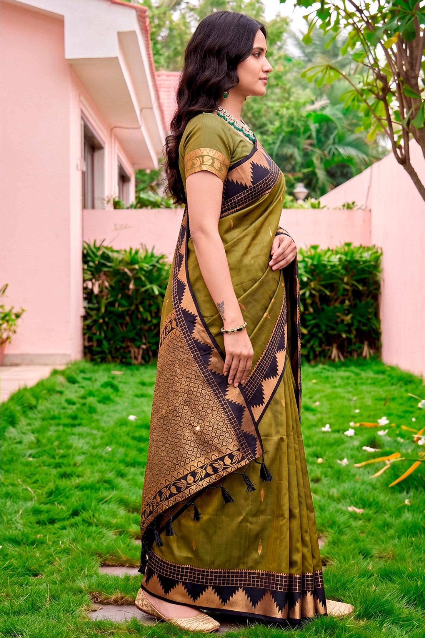 Sangam Prints Dark Olive Green Silk Woven Work Traditional Saree