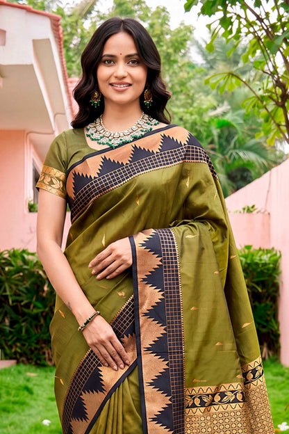 Sangam Prints Dark Olive Green Silk Woven Work Traditional Saree