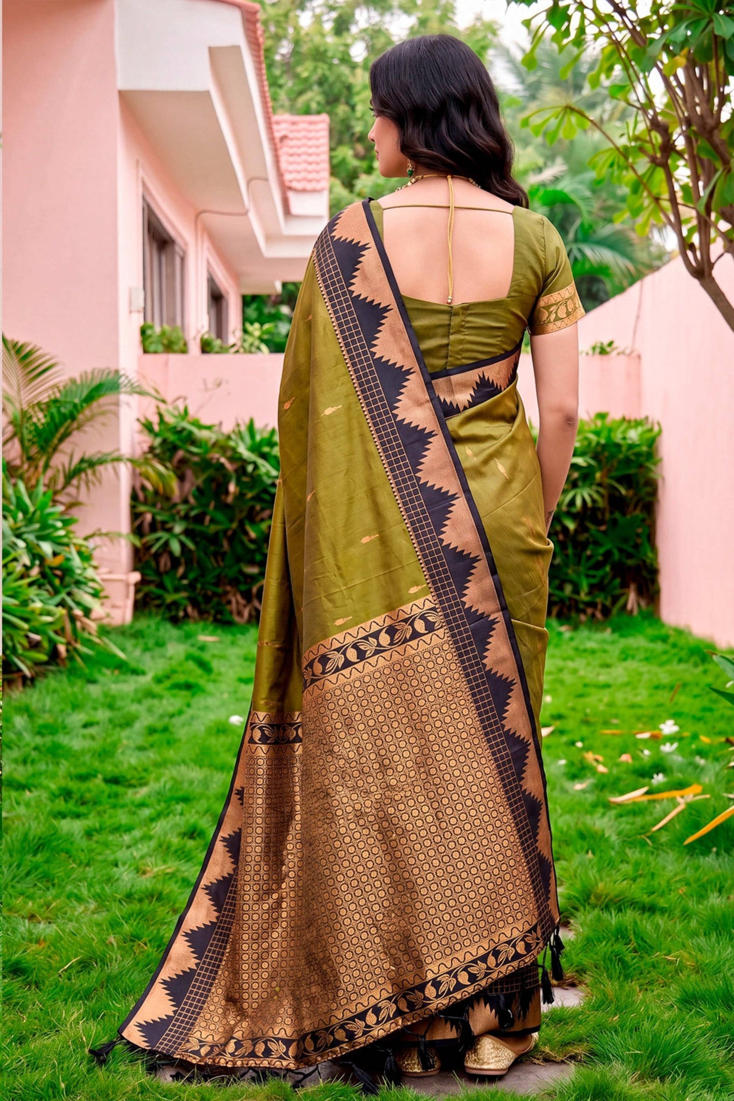 Sangam Prints Dark Olive Green Silk Woven Work Traditional Saree