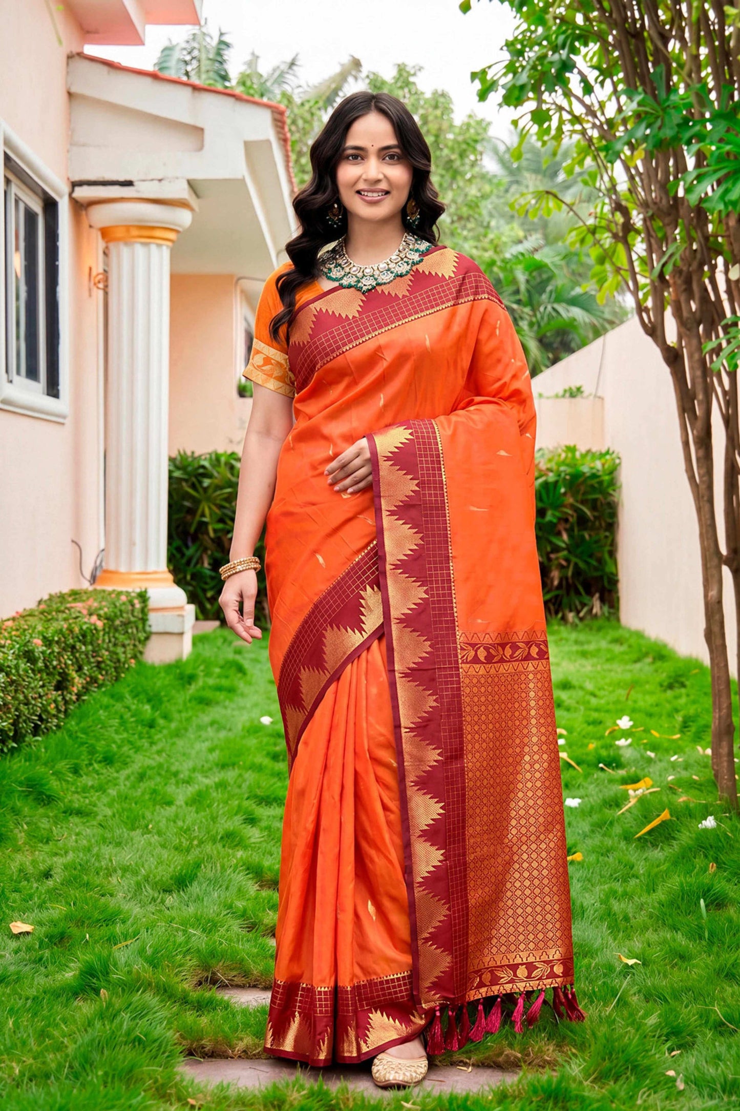 Sangam Prints Bright Orange Silk Woven Work Traditional Saree
