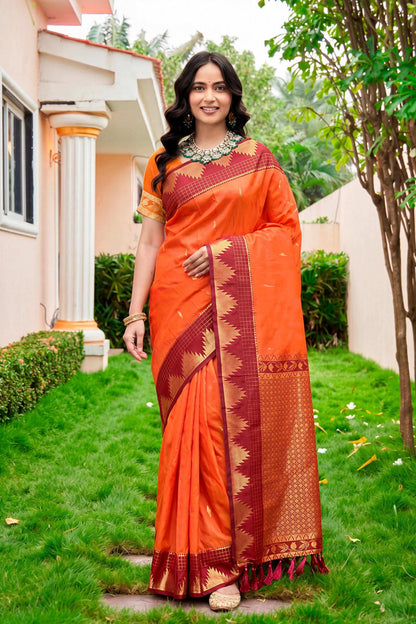 Sangam Prints Bright Orange Silk Woven Work Traditional Saree