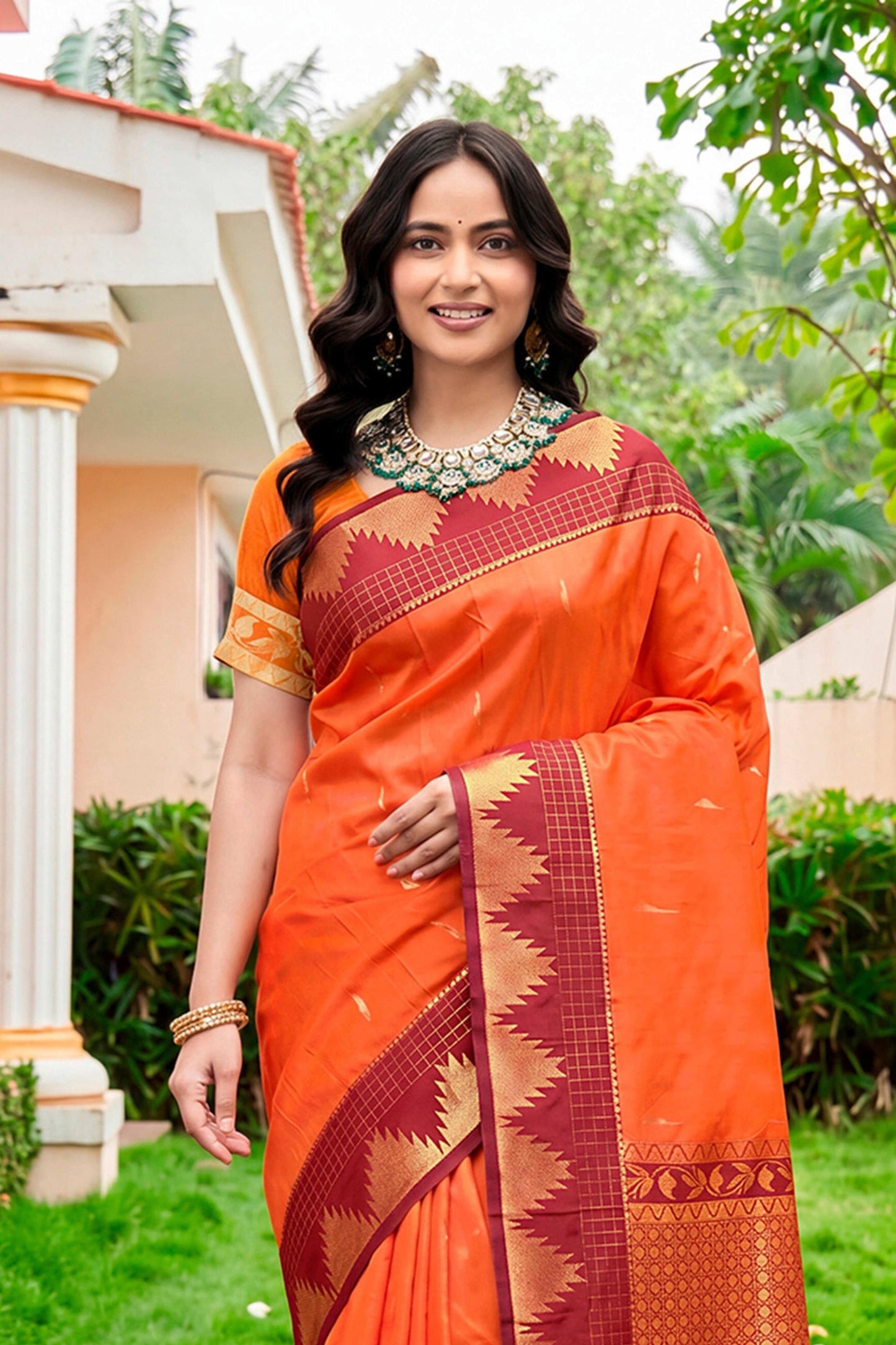 Sangam Prints Bright Orange Silk Woven Work Traditional Saree