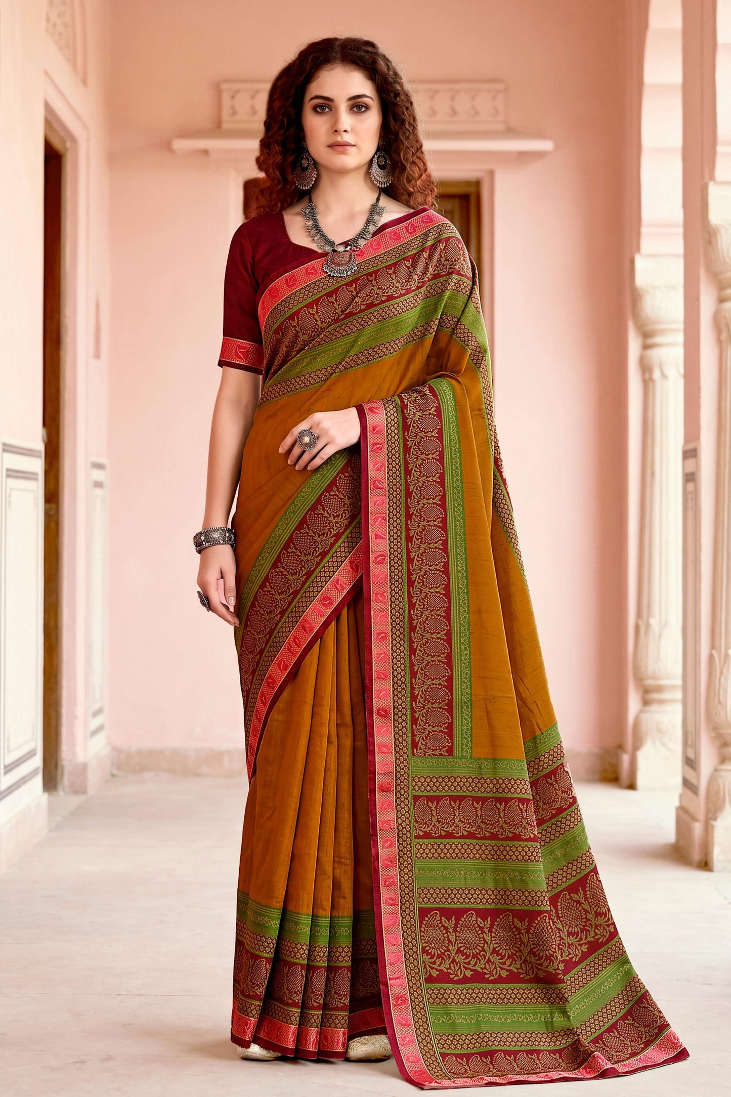 Sangam Prints Mustard Cotton Blend Woven Work Traditional Saree