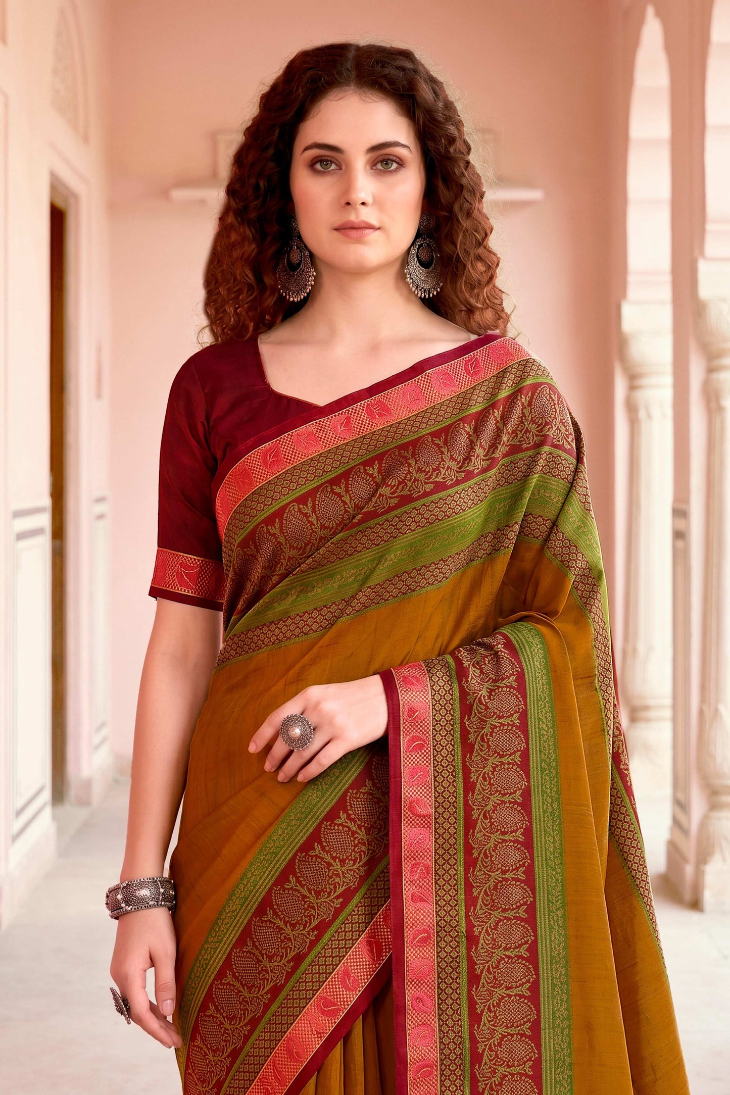 Sangam Prints Mustard Cotton Blend Woven Work Traditional Saree
