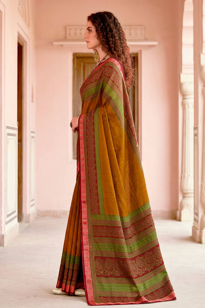 Sangam Prints Mustard Cotton Blend Woven Work Traditional Saree