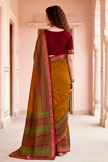 Sangam Prints Mustard Cotton Blend Woven Work Traditional Saree