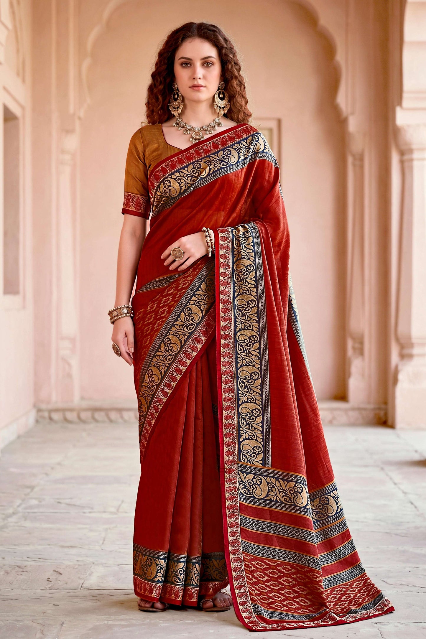 Sangam Prints Deep Red Cotton Blend Woven Work Traditional Saree