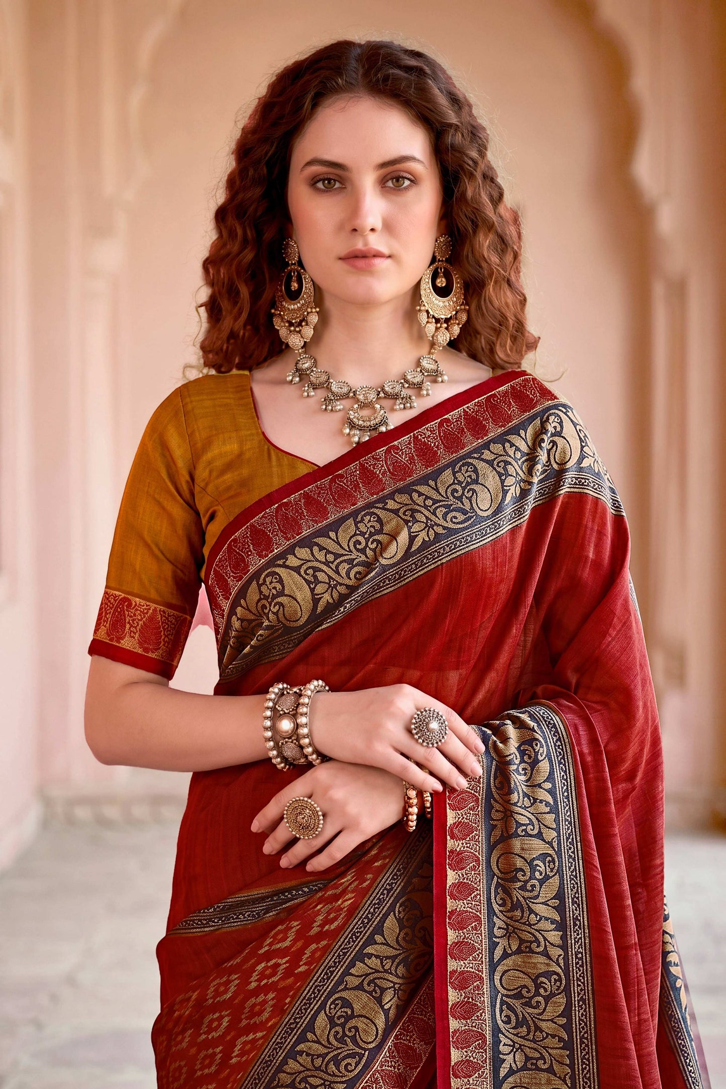 Sangam Prints Deep Red Cotton Blend Woven Work Traditional Saree