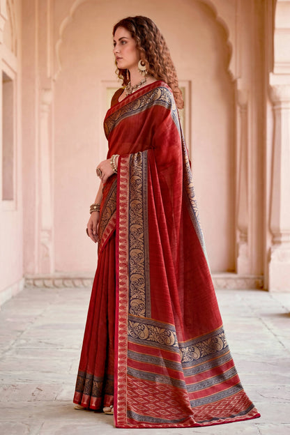 Sangam Prints Deep Red Cotton Blend Woven Work Traditional Saree