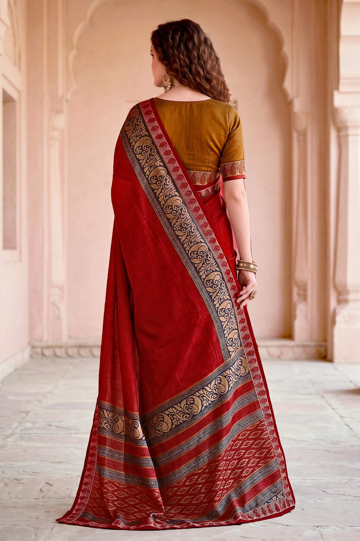 Sangam Prints Deep Red Cotton Blend Woven Work Traditional Saree