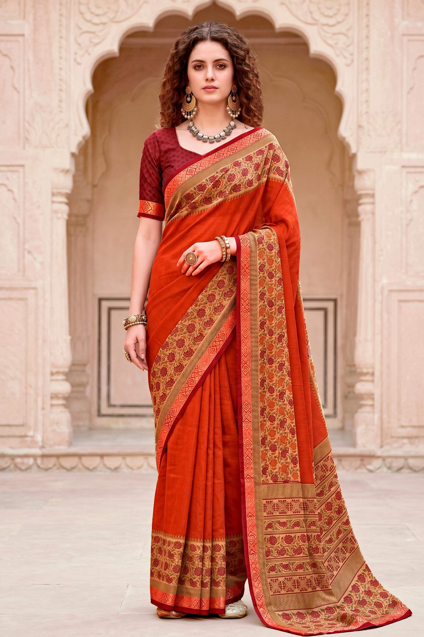 Sangam Prints Rust Orange Cotton Blend Woven Work Traditional Saree