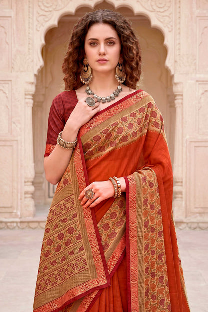 Sangam Prints Rust Orange Cotton Blend Woven Work Traditional Saree