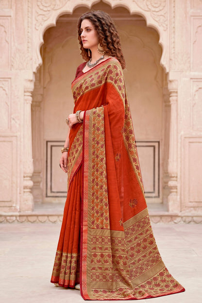 Sangam Prints Rust Orange Cotton Blend Woven Work Traditional Saree