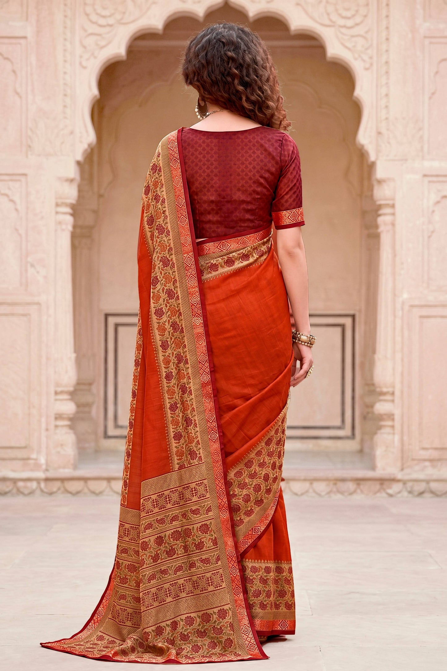 Sangam Prints Rust Orange Cotton Blend Woven Work Traditional Saree