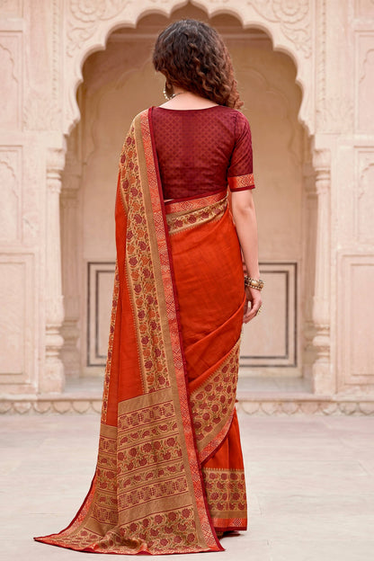 Sangam Prints Rust Orange Cotton Blend Woven Work Traditional Saree