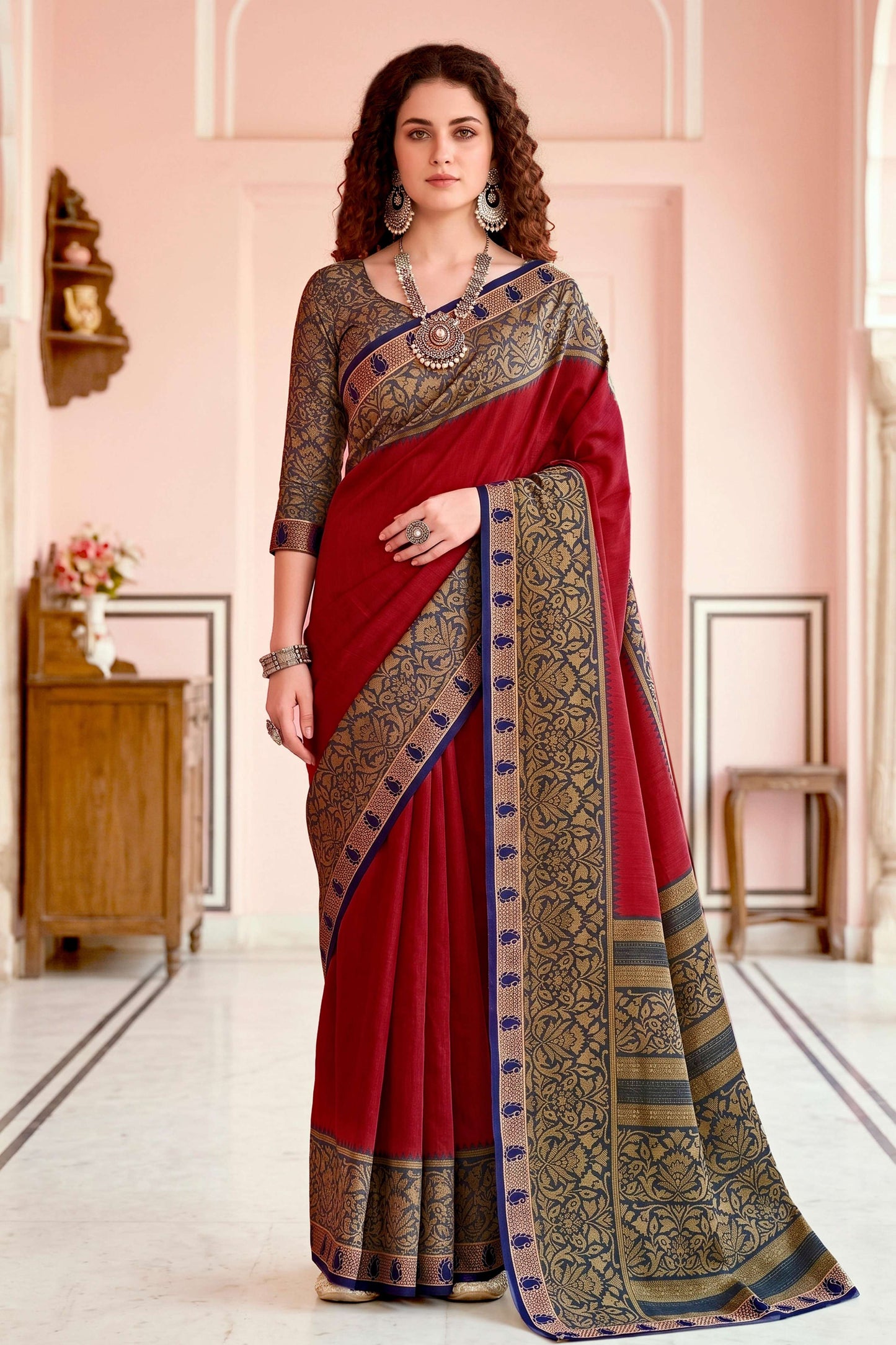 Sangam Prints Crimson Red Cotton Blend Woven Work Traditional Saree