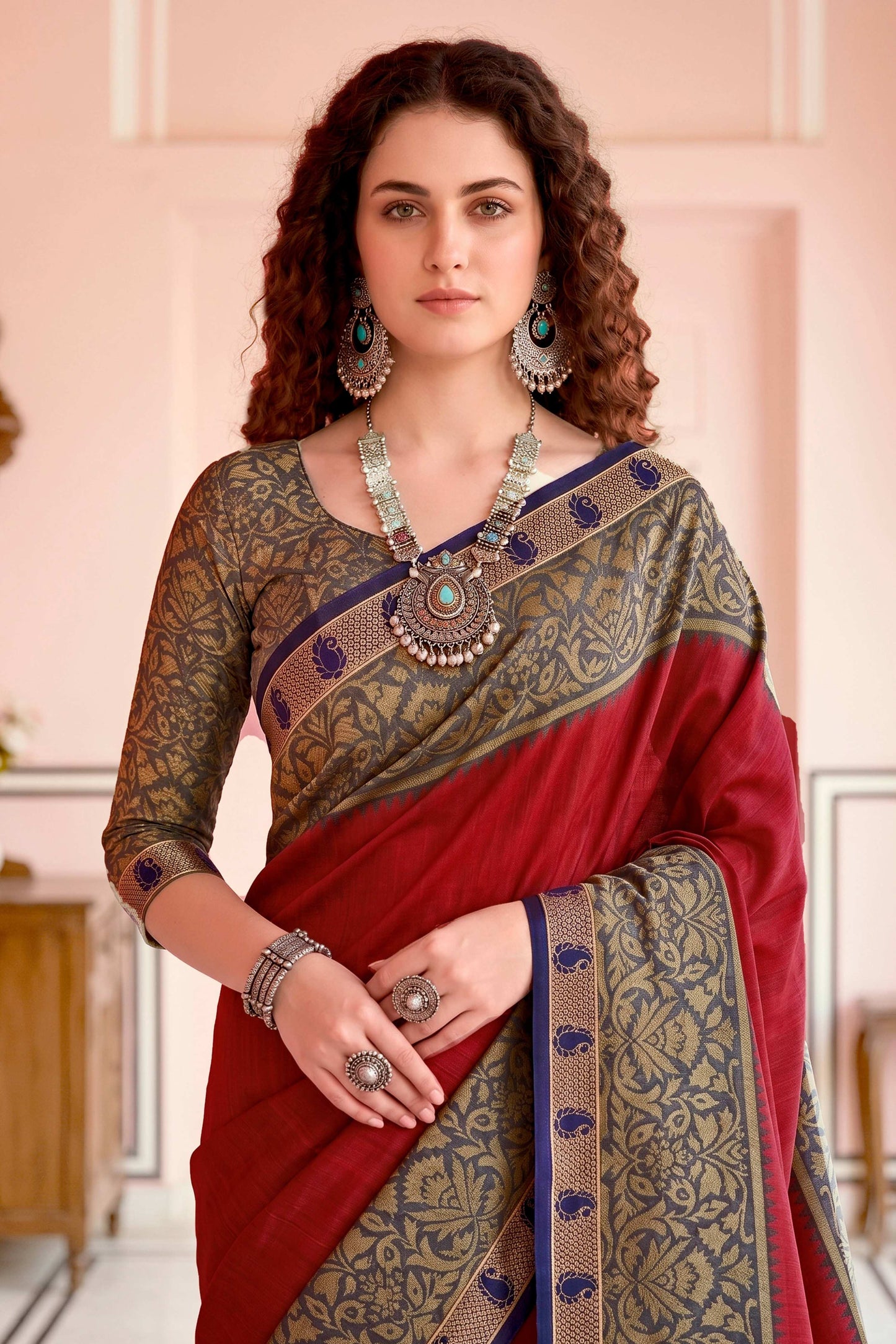Sangam Prints Crimson Red Cotton Blend Woven Work Traditional Saree