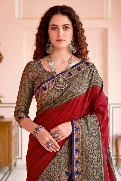 Sangam Prints Crimson Red Cotton Blend Woven Work Traditional Saree