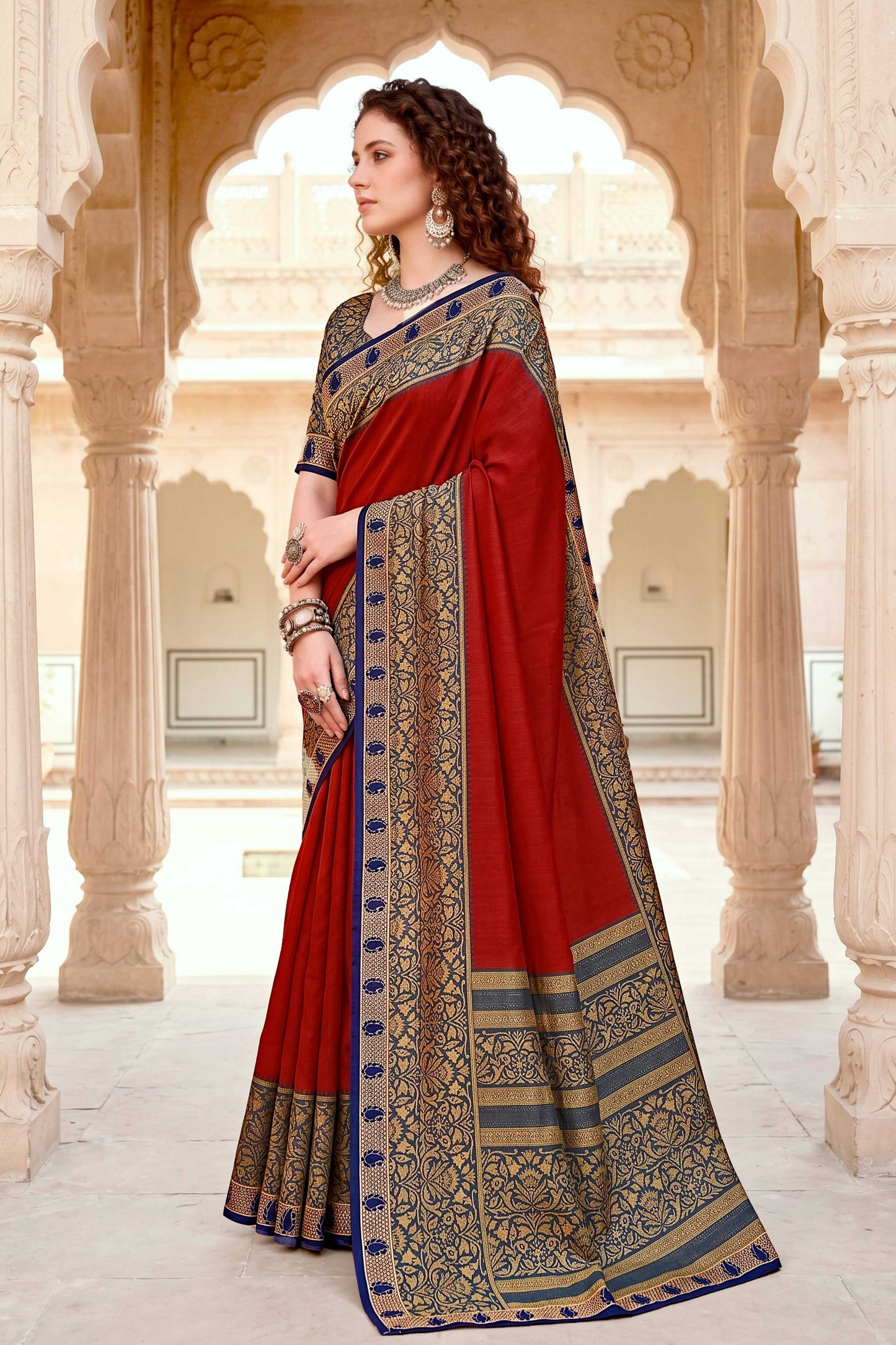 Sangam Prints Crimson Red Cotton Blend Woven Work Traditional Saree