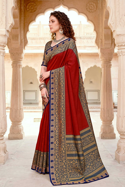 Sangam Prints Crimson Red Cotton Blend Woven Work Traditional Saree
