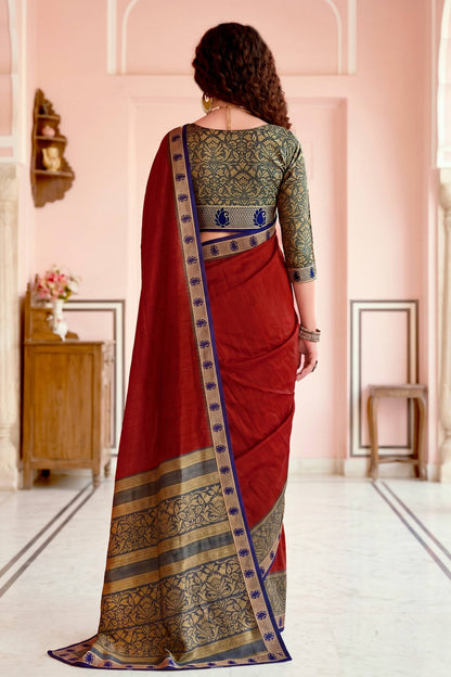 Sangam Prints Crimson Red Cotton Blend Woven Work Traditional Saree