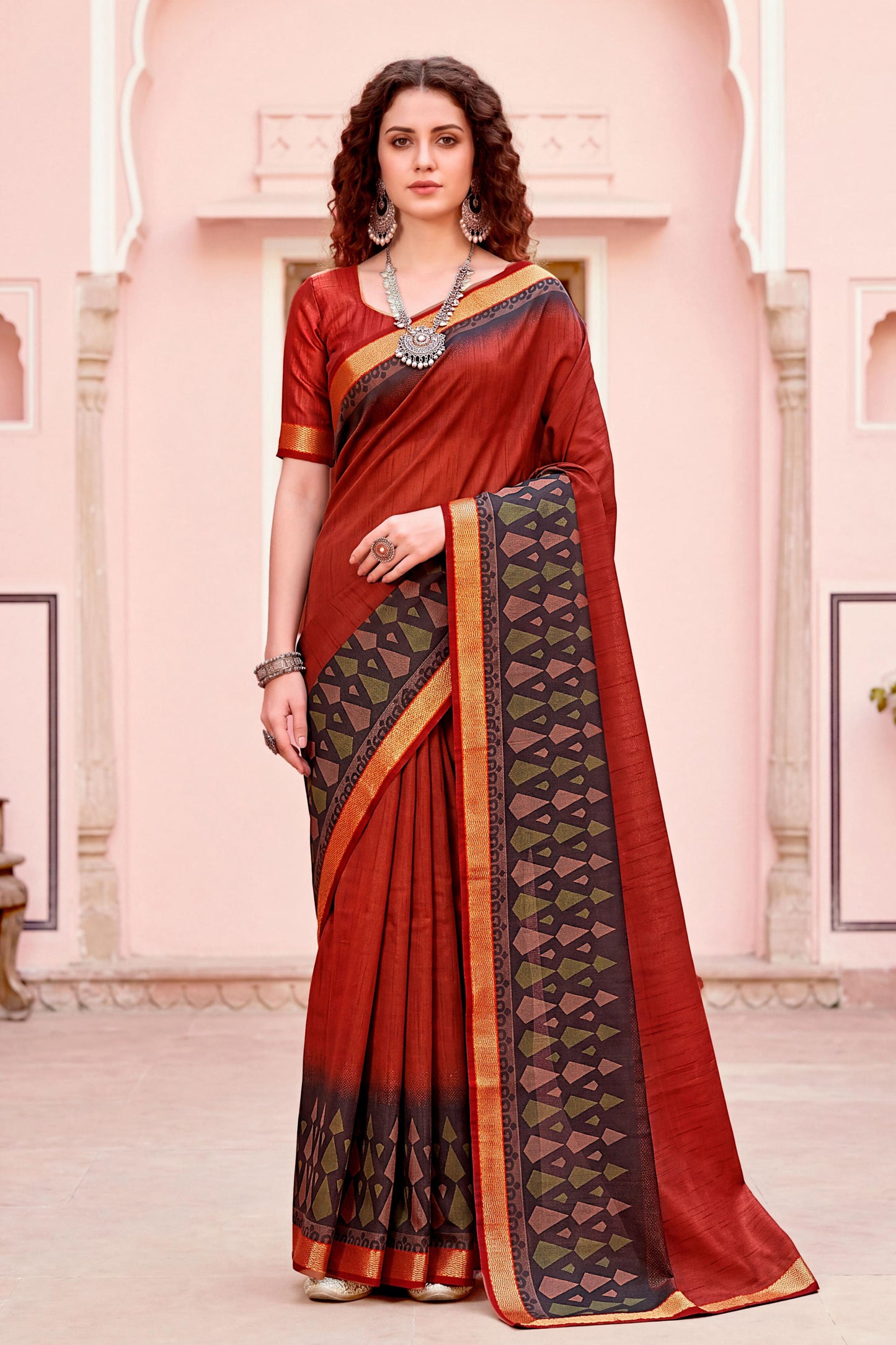 Sangam Prints Rust Red Cotton Blend Woven Work Traditional Saree