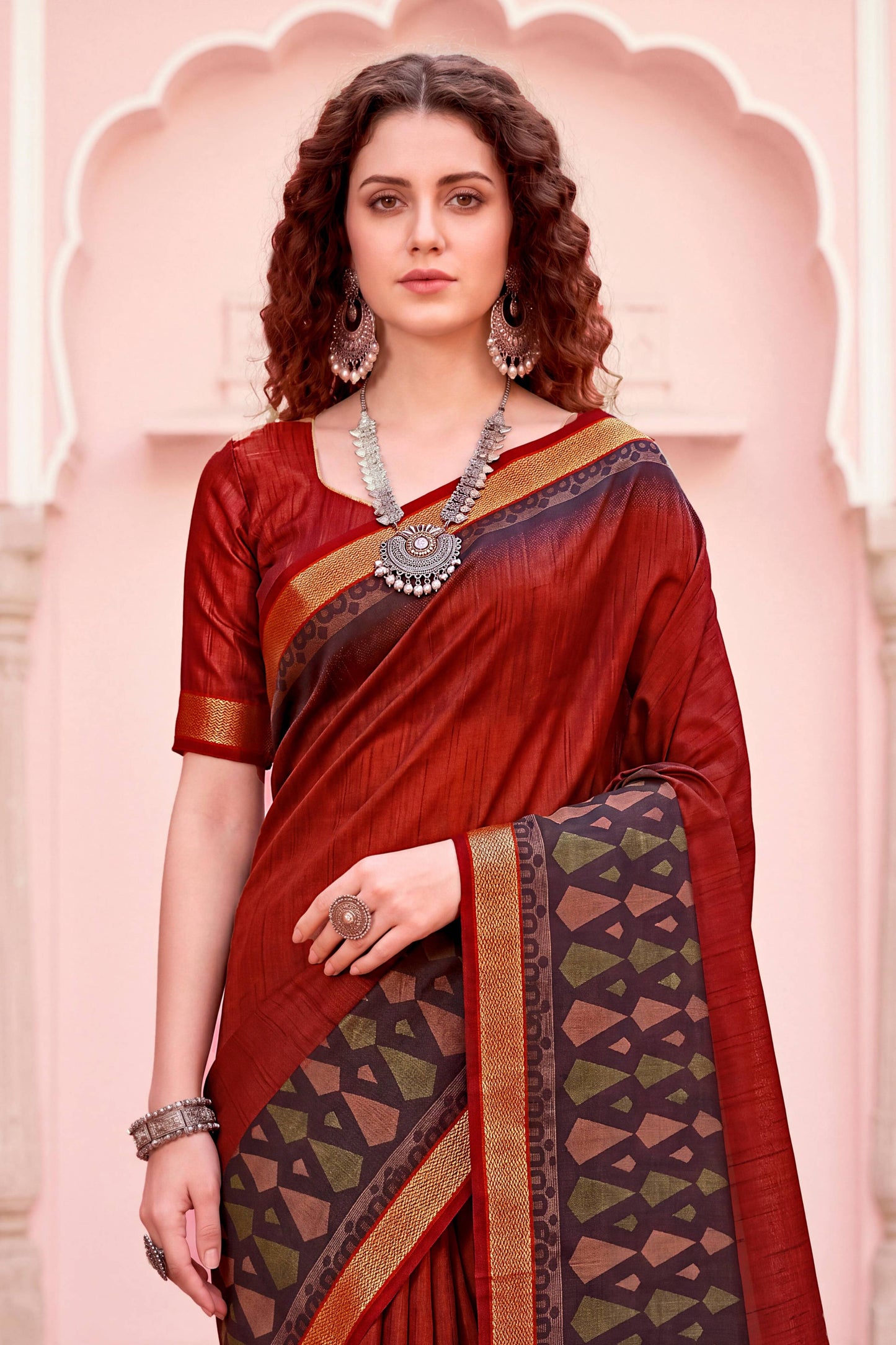 Sangam Prints Rust Red Cotton Blend Woven Work Traditional Saree