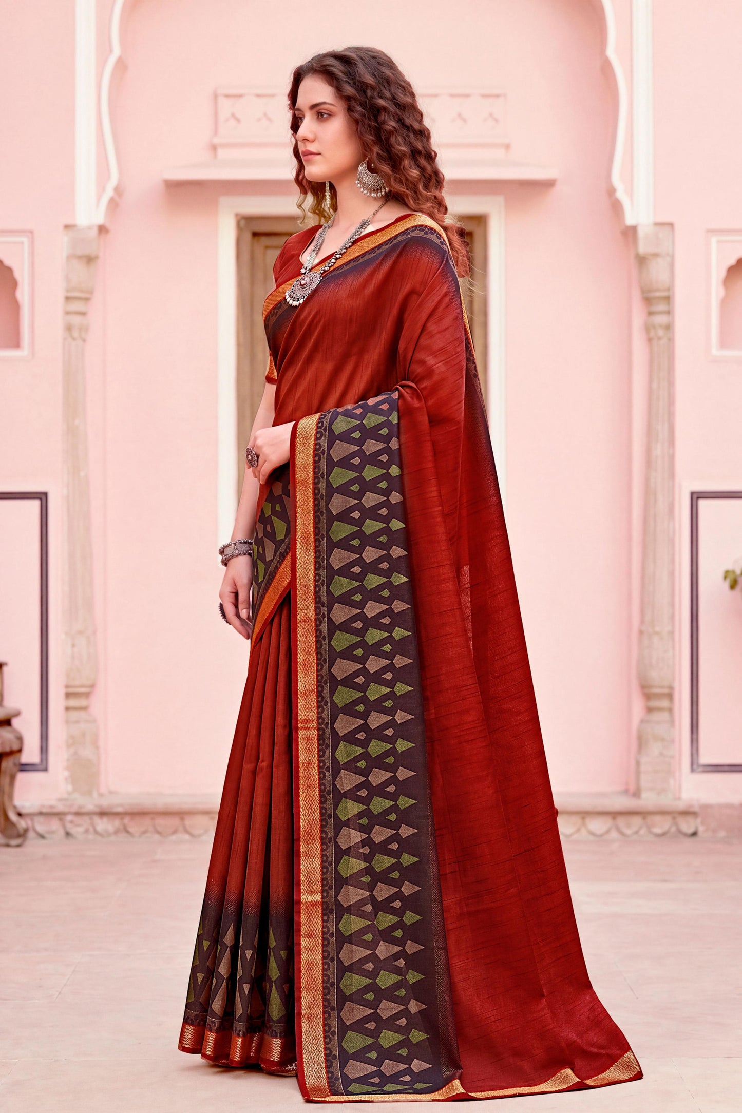 Sangam Prints Rust Red Cotton Blend Woven Work Traditional Saree