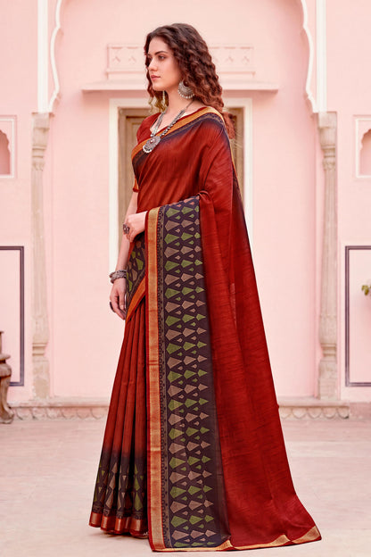 Sangam Prints Rust Red Cotton Blend Woven Work Traditional Saree