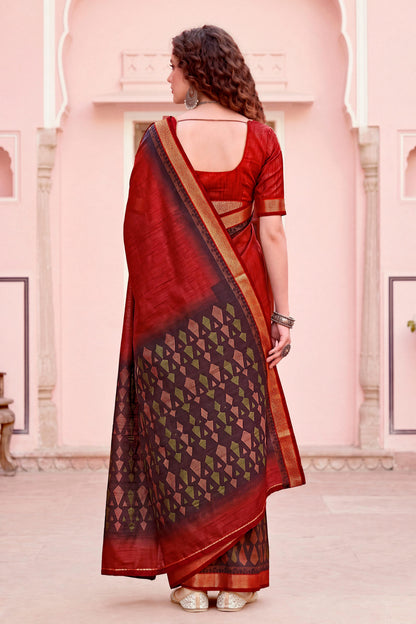 Sangam Prints Rust Red Cotton Blend Woven Work Traditional Saree
