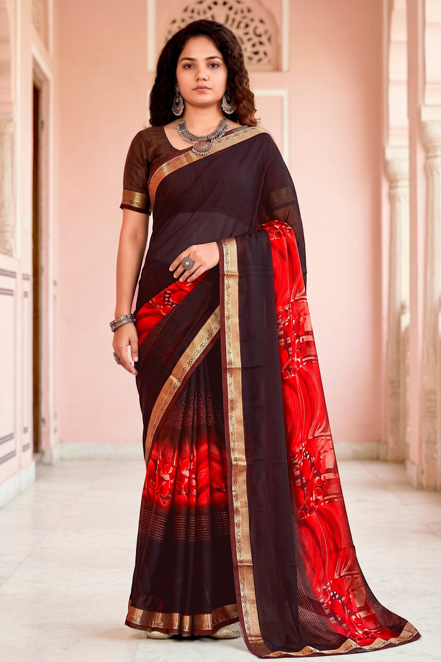 Sangam Prints Chocolate Brown Cotton Blend Woven Work Traditional Saree