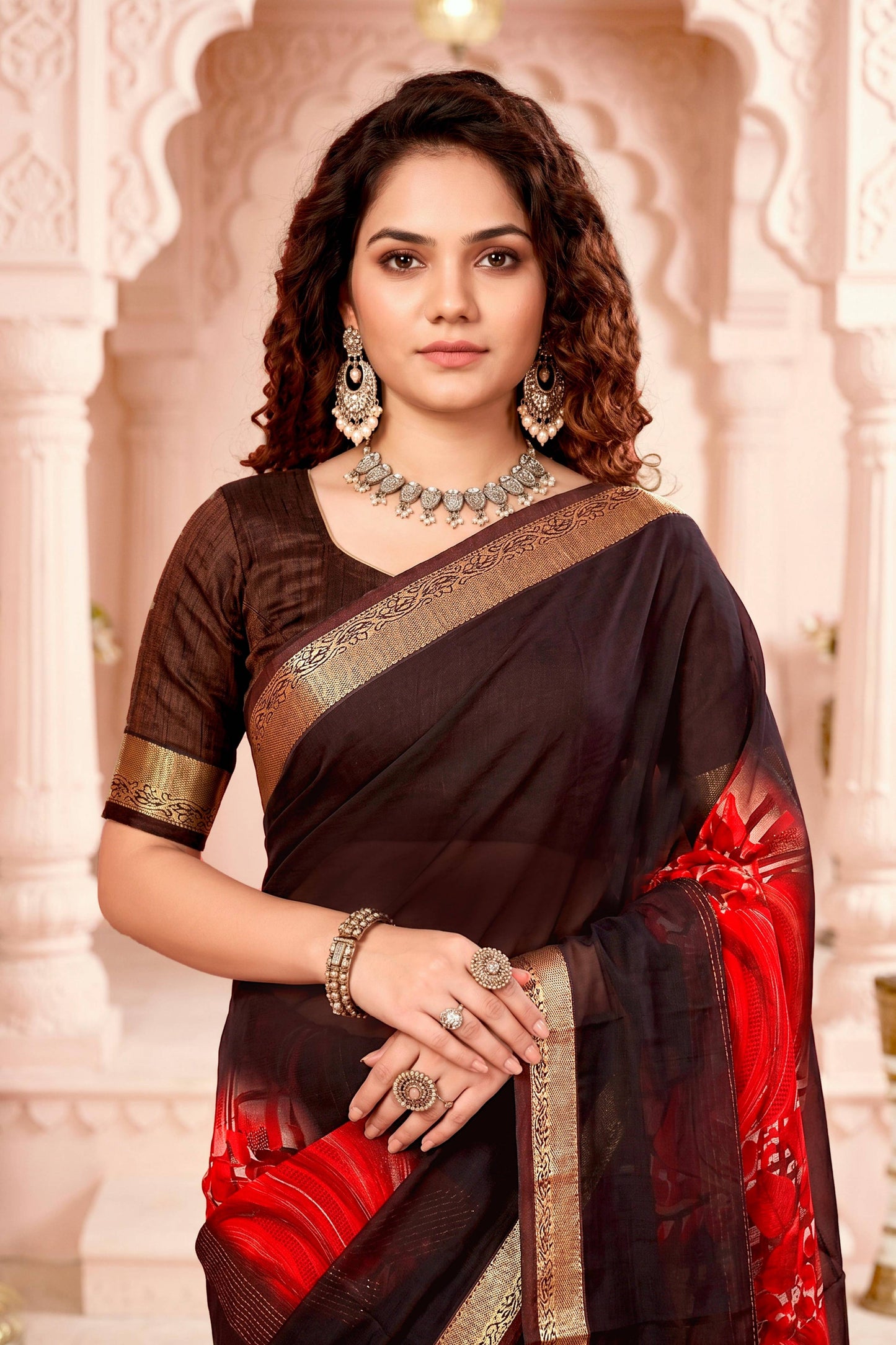 Sangam Prints Chocolate Brown Cotton Blend Woven Work Traditional Saree
