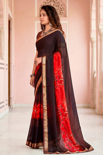Sangam Prints Chocolate Brown Cotton Blend Woven Work Traditional Saree