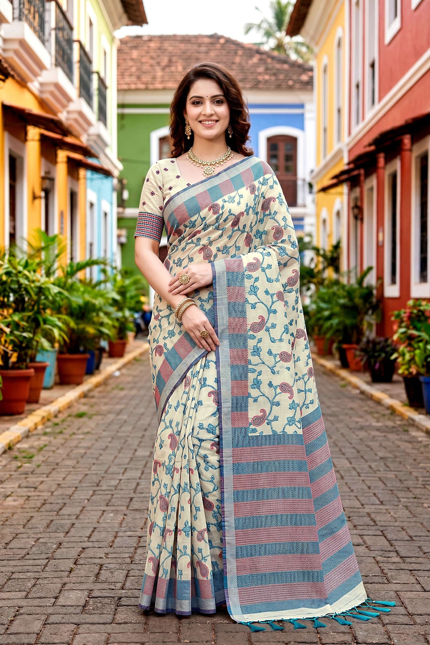 Sangam Prints Blue Cotton Blend Woven Work Traditional Saree