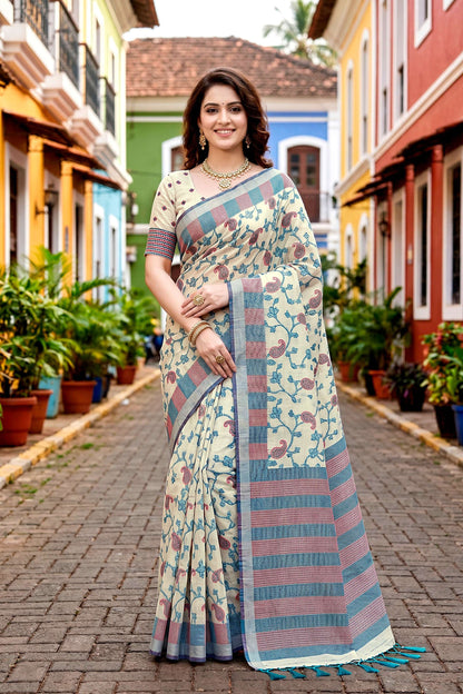 Sangam Prints Blue Cotton Blend Woven Work Traditional Saree