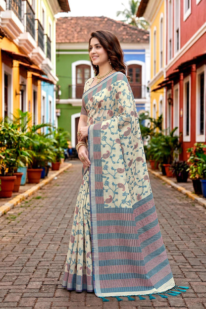 Sangam Prints Blue Cotton Blend Woven Work Traditional Saree