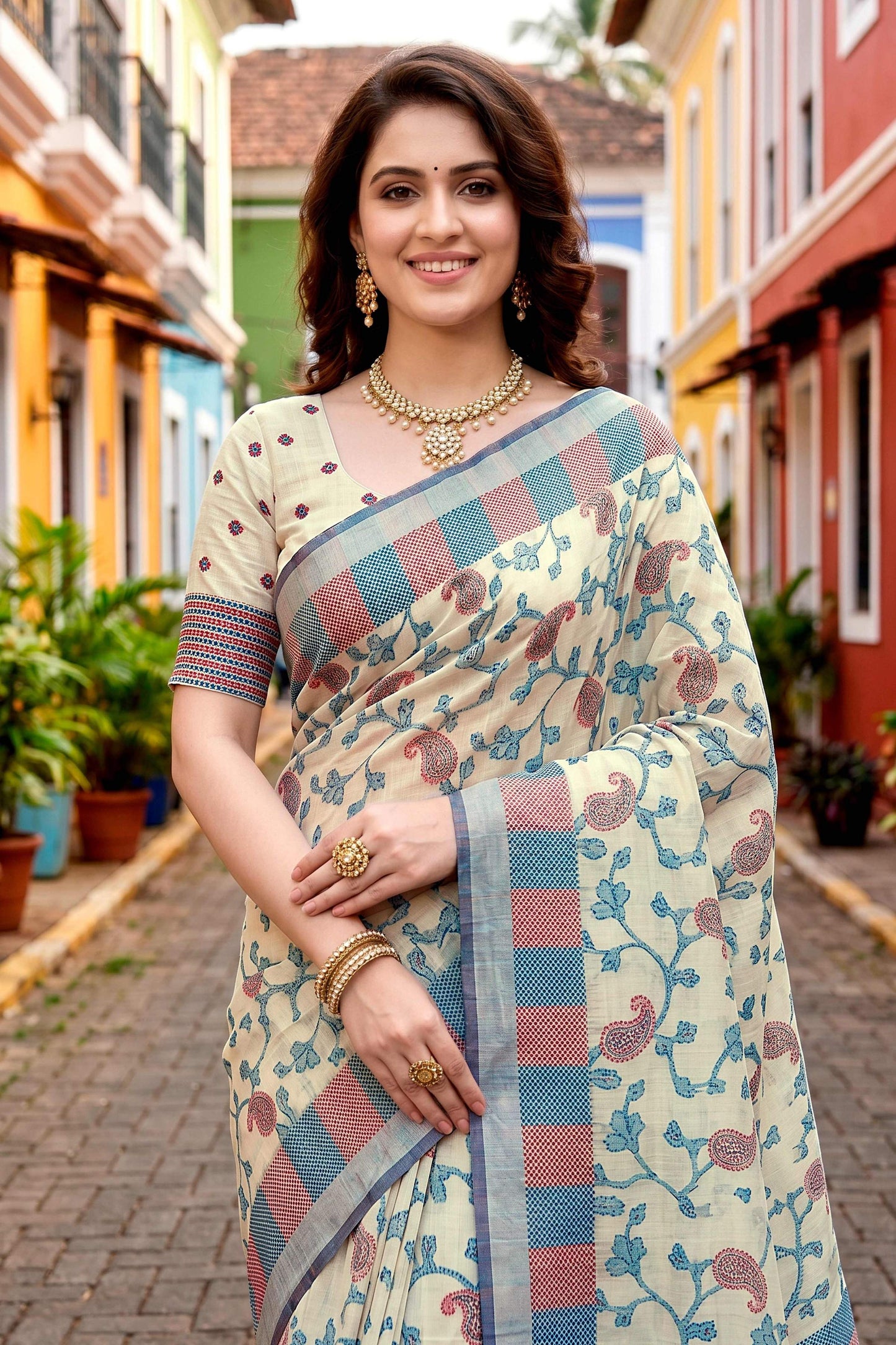 Sangam Prints Blue Cotton Blend Woven Work Traditional Saree