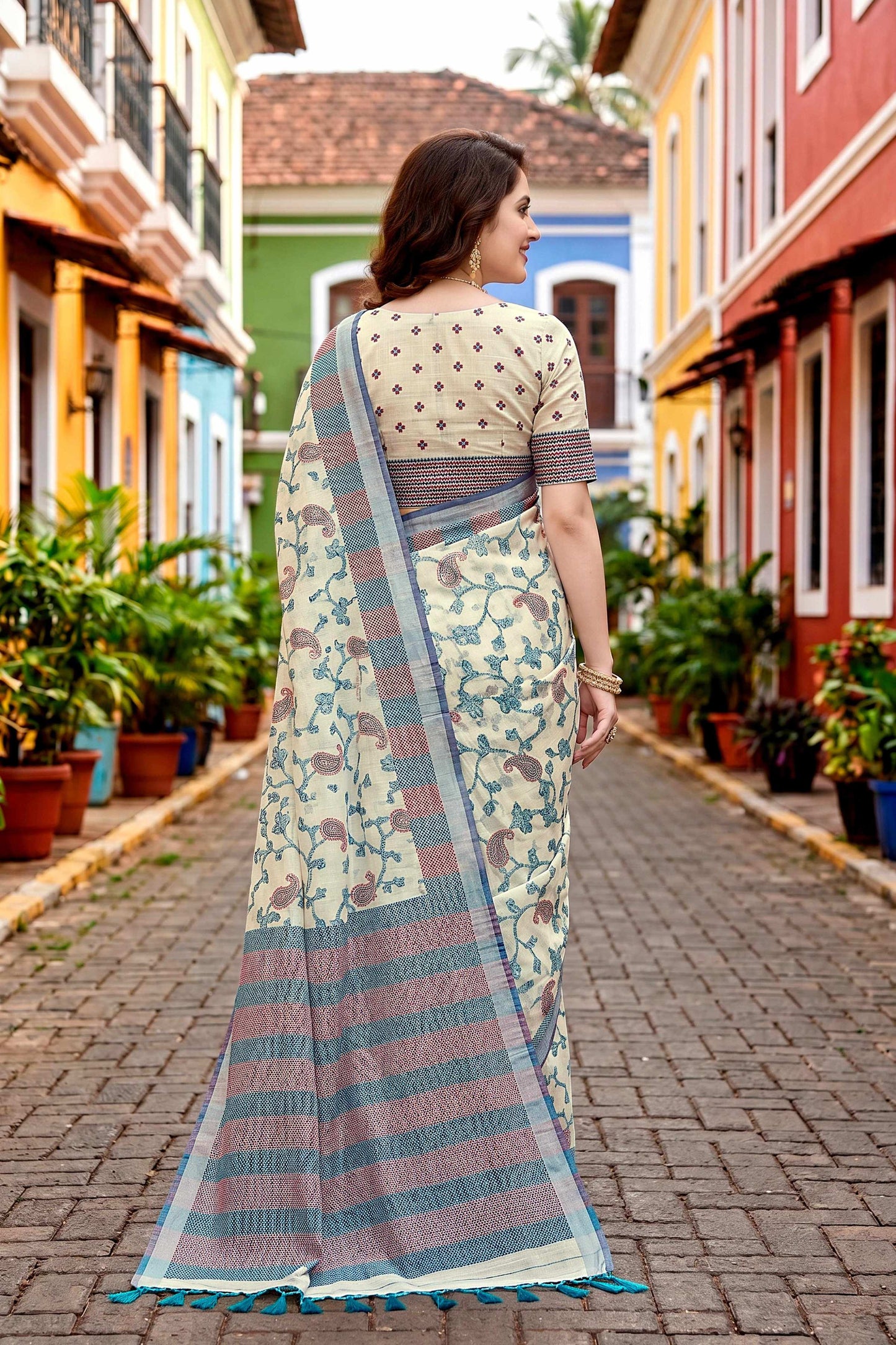 Sangam Prints Blue Cotton Blend Woven Work Traditional Saree