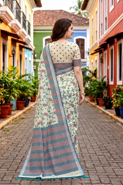 Sangam Prints Blue Cotton Blend Woven Work Traditional Saree