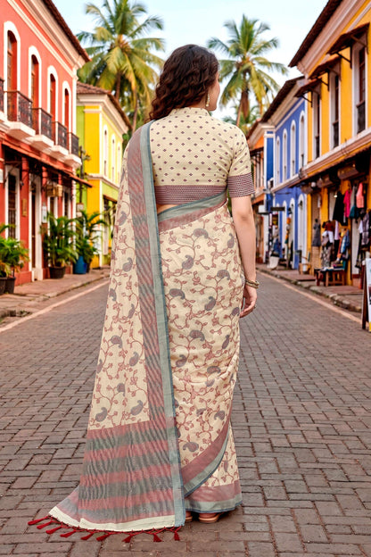Sangam Prints Ivory Beige Cotton Blend Woven Work Traditional Saree