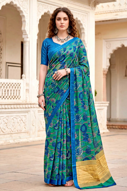 Sangam Prints Peacock Green Cotton Blend Woven Work Traditional Saree